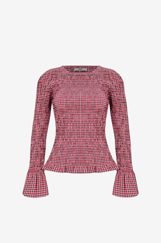 Ruby Sky Shirred LS - Petrol Gingham