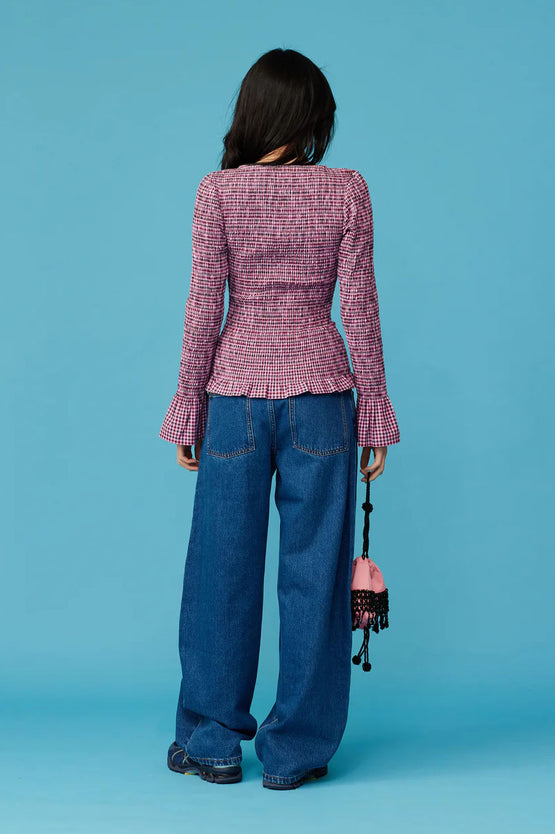 Ruby Sky Shirred LS - Petrol Gingham