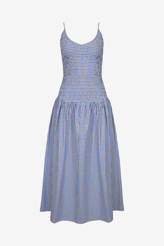 Ruby Apple Shirred Dress - Cobalt Gingham