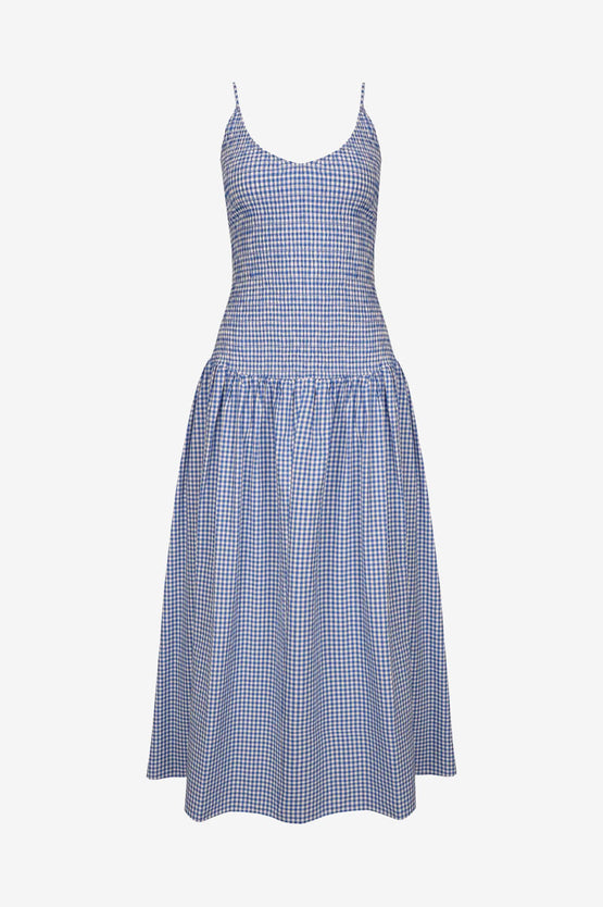 Ruby Apple Shirred Dress - Cobalt Gingham