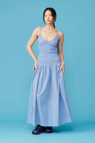 Ruby Apple Shirred Dress - Cobalt Gingham