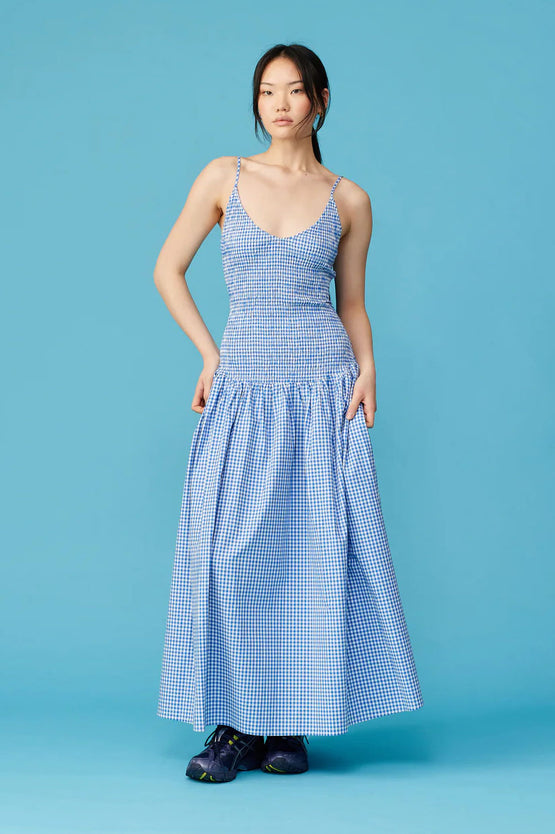 Ruby Apple Shirred Dress - Cobalt Gingham
