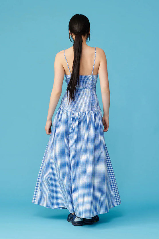 Ruby Apple Shirred Dress - Cobalt Gingham
