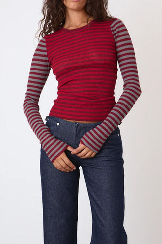 Peachy Den Elise Stripe LS Top - Burgundy