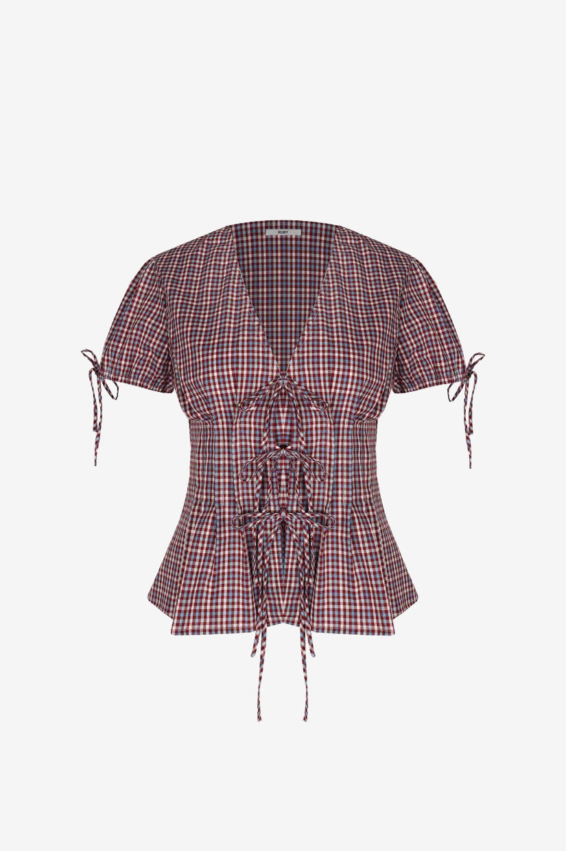 Ruby Simona Blouse - Bue Wine Gingham