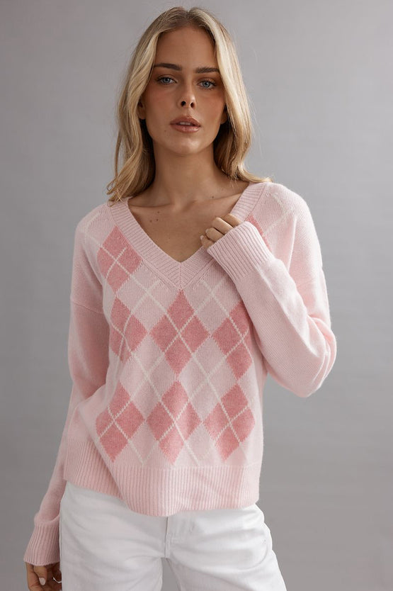 Caitlin Crisp Argyle Jumper - Marshmellow