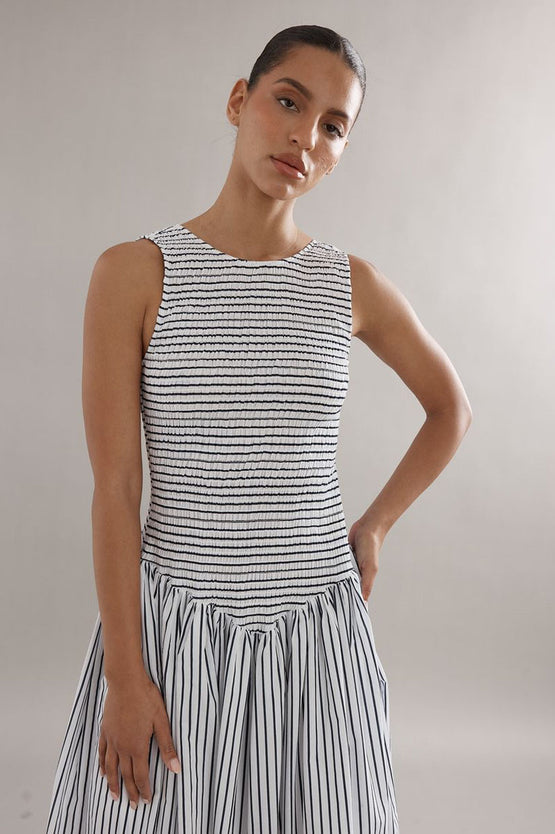 Caitlin Crisp Celine Dress - French Navy Stripe