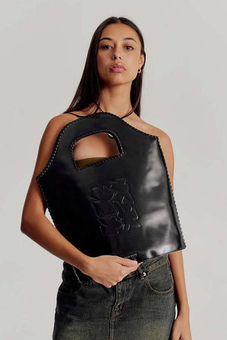 Brie Leon Daphne Tooled Bucket Bag - Black Semi Patent