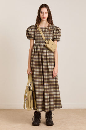 Damson Madder Emmy Shirred Midi Dress - Cocoa Check