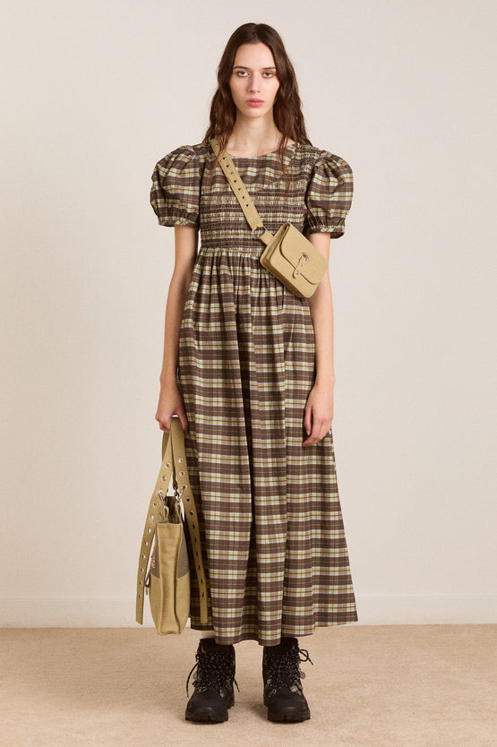 Damson Madder Emmy Shirred Midi Dress - Cocoa Check
