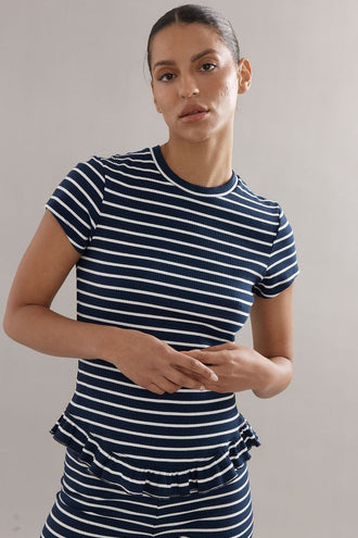 Caitlin Crisp Frilly Baby Tee - Navy Stripe