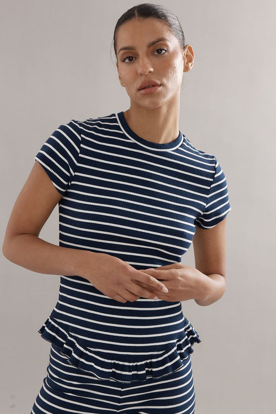 Caitlin Crisp Frilly Baby Tee - Navy Stripe