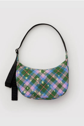 Baggu Medium Nylon Crescent Bag - Green Star Plaid