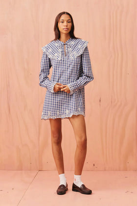 Ruby Greta Broderie Mini Dress - Navy Tartan