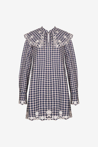 Ruby Greta Broderie Mini Dress - Navy Tartan