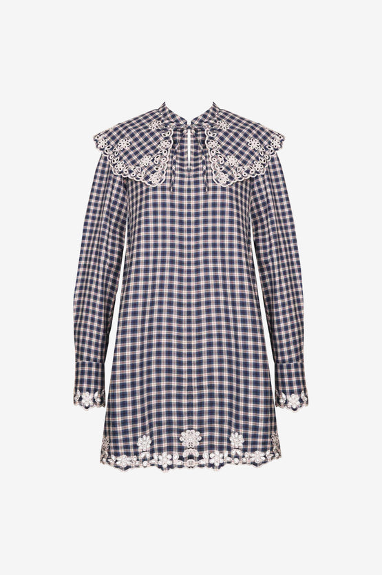 Ruby Greta Broderie Mini Dress - Navy Tartan
