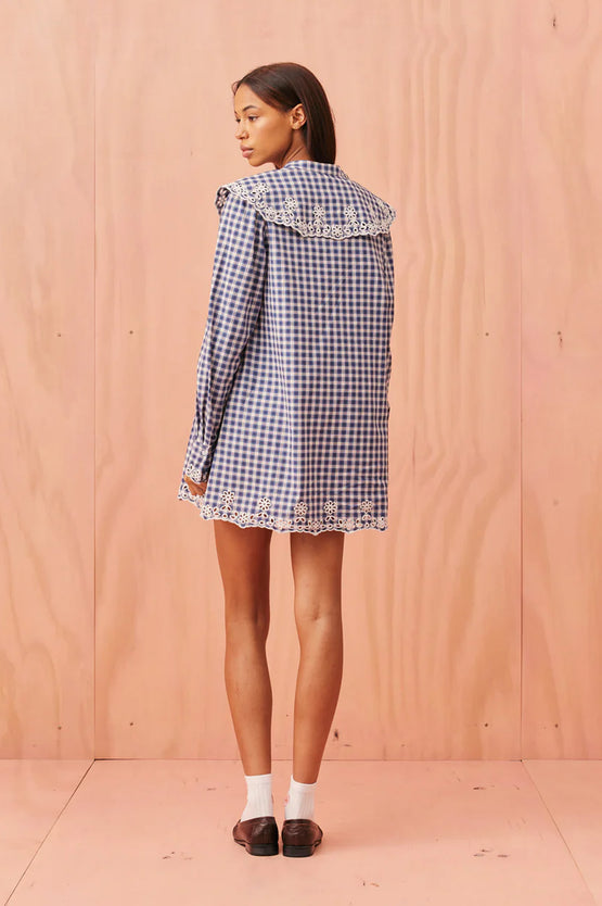 Ruby Greta Broderie Mini Dress - Navy Tartan