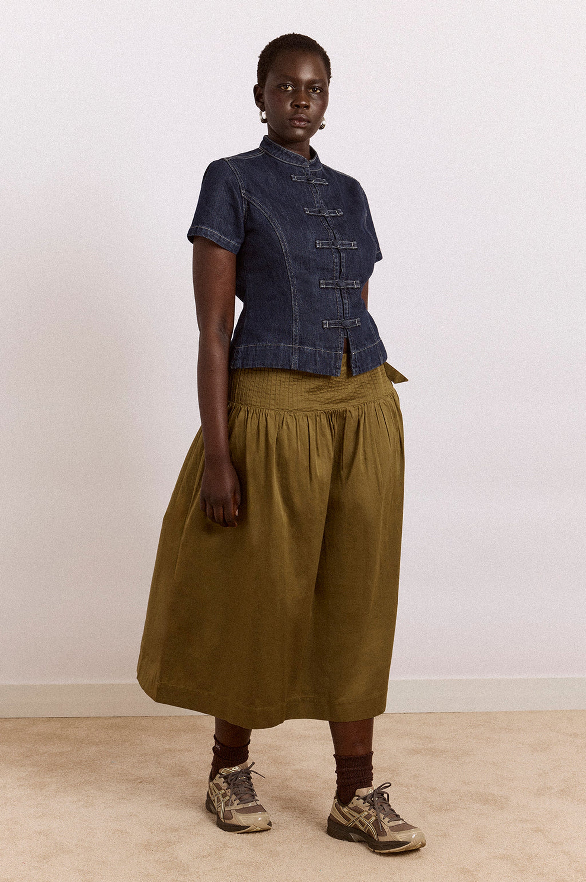 Damson Madder Josie Midi Skirt - Olive Satin