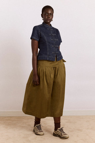 Damson Madder Josie Midi Skirt - Olive Satin