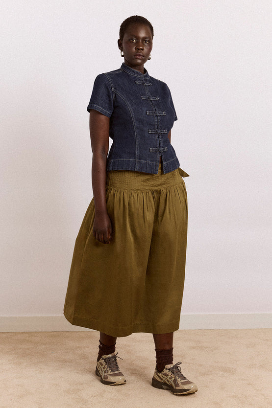 Damson Madder Josie Midi Skirt - Olive Satin