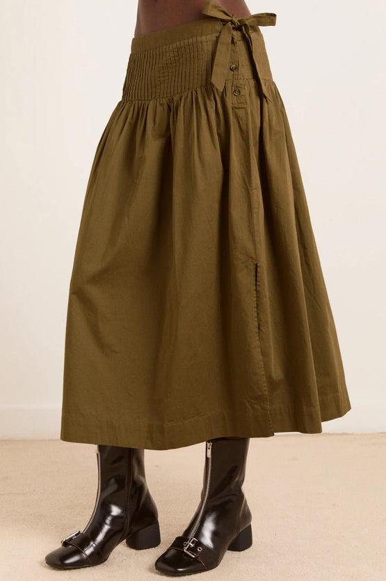 Damson Madder Josie Midi Skirt - Olive Satin