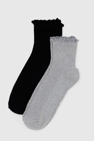 Baggu Lettuce Edge Sock Set Of 2 - Heather Grey / Black