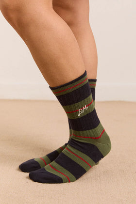 Damson Madder Ribbed Calf Length Socks - Olive/Multi