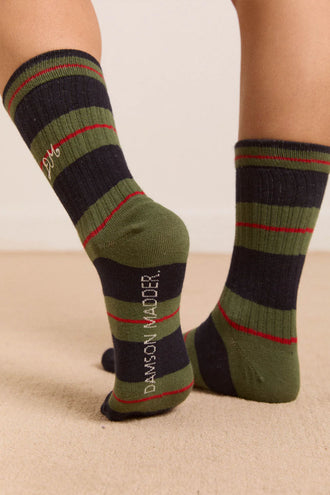 Damson Madder Ribbed Calf Length Socks - Olive/Multi