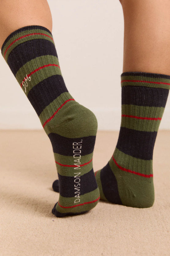 Damson Madder Ribbed Calf Length Socks - Olive/Multi