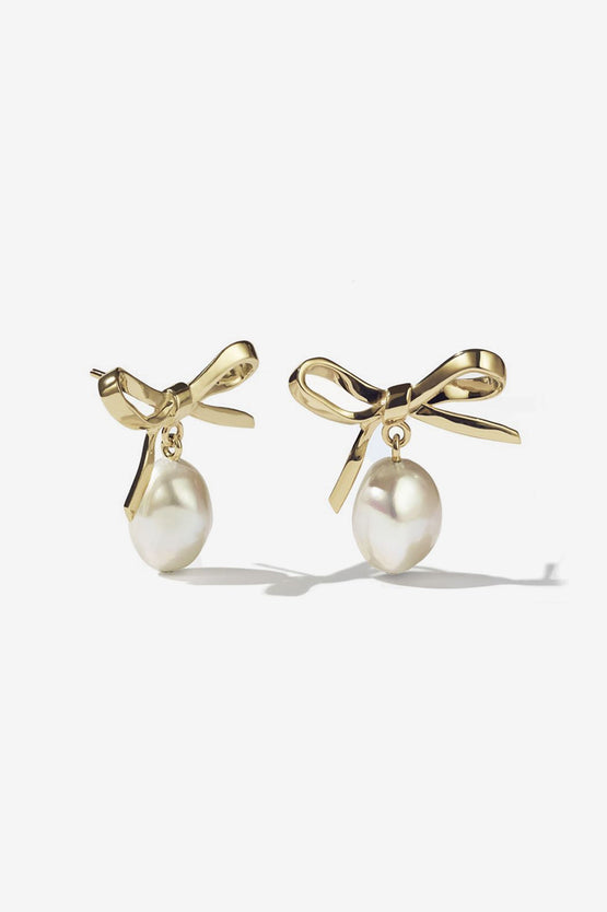 Meadowlark Bow Pearl Studs - 23K Gold