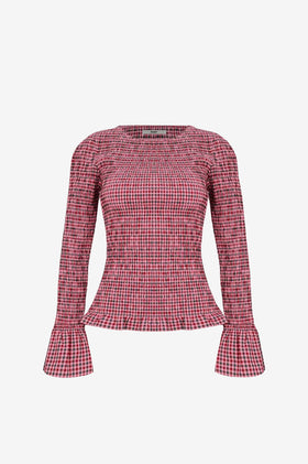 Ruby Sky Shirred LS - Petrol Gingham