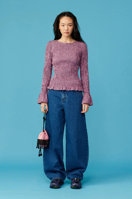 Ruby Sky Shirred LS - Petrol Gingham