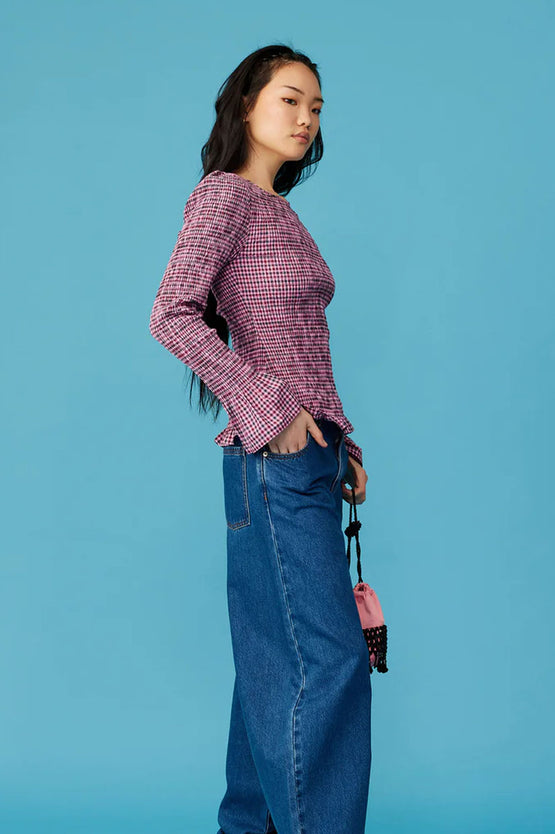 Ruby Sky Shirred LS - Petrol Gingham