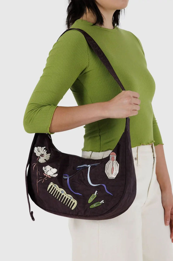 Baggu Medium Nylon Crescent Bag - Embroidered Get Ready With me