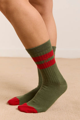 Damson Madder Sporty Calf Length Socks - Olive/Red