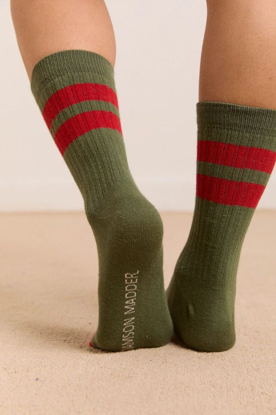 Damson Madder Sporty Calf Length Socks - Olive/Red