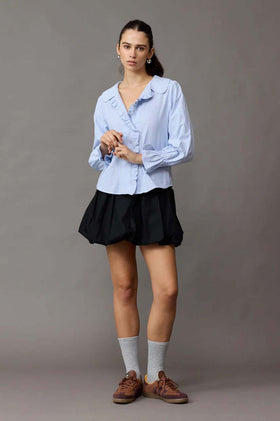 Ruby Sandler Ruffle Shirt - Blue Stripe