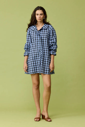 Ruby Sandler Long Sleeve Mini - Blue Tartan