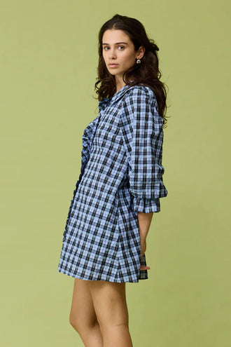 Ruby Sandler Long Sleeve Mini - Blue Tartan