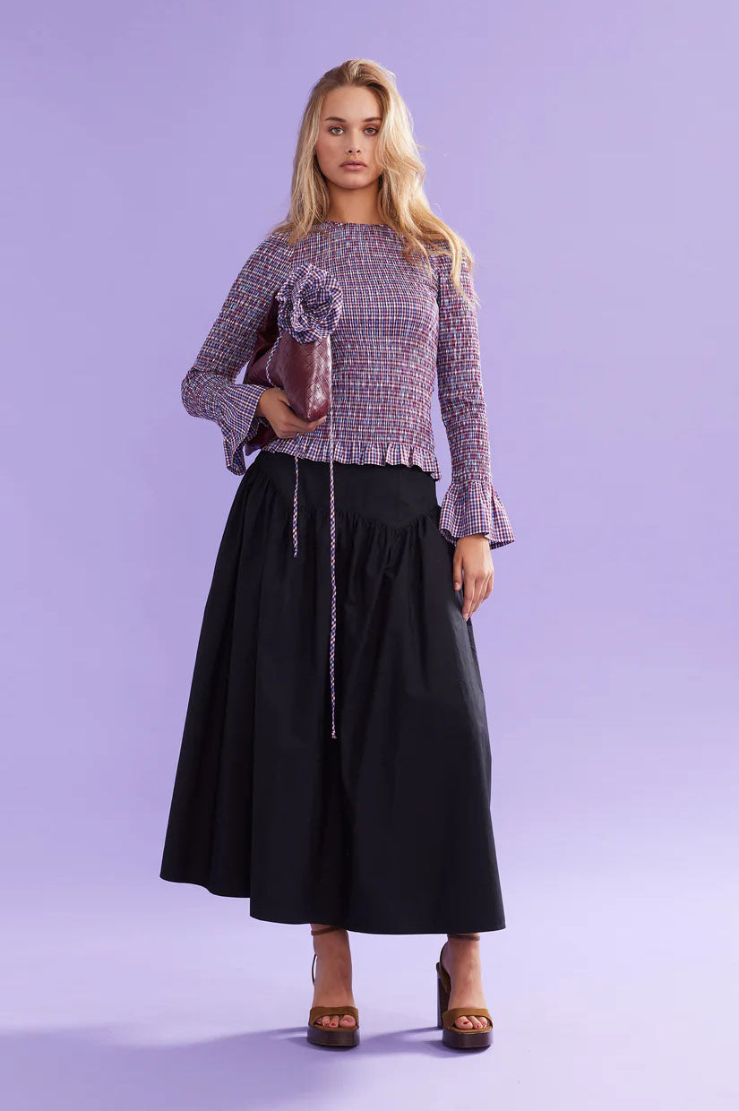 Ruby Sky Shirred LS - Blue Wine Gingham