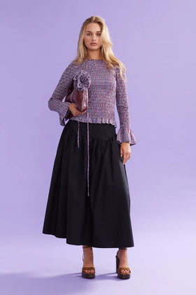 Ruby Sky Shirred LS - Blue Wine Gingham
