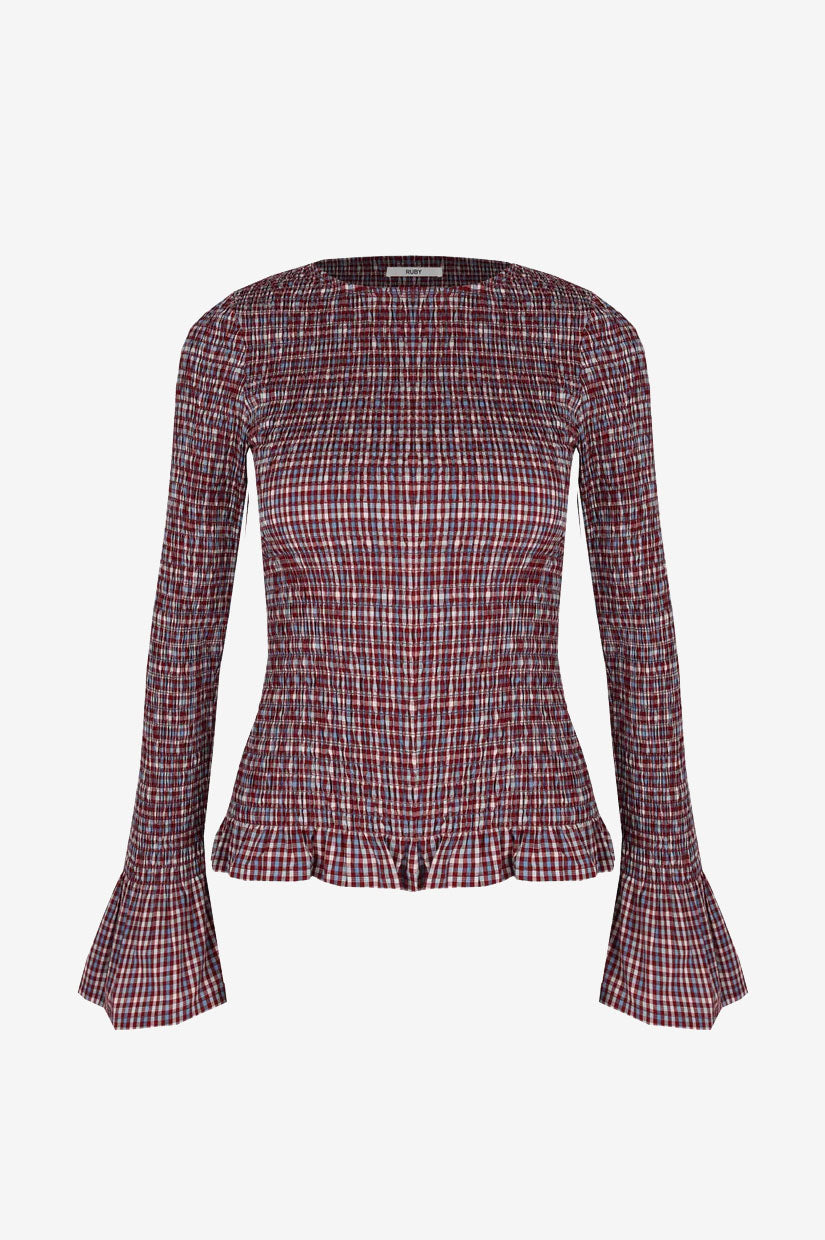 Ruby Sky Shirred LS - Blue Wine Gingham