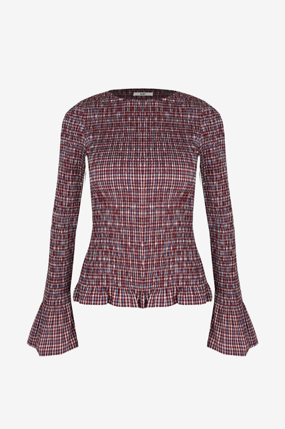 Ruby Sky Shirred LS - Blue Wine Gingham