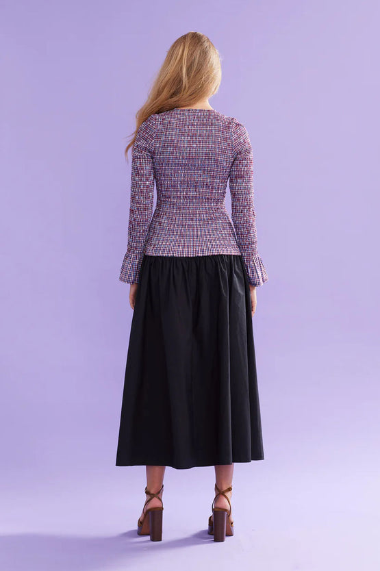 Ruby Sky Shirred LS - Blue Wine Gingham