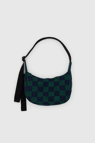 Baggu Small Nylon Crescent Bag - Navy Green Check