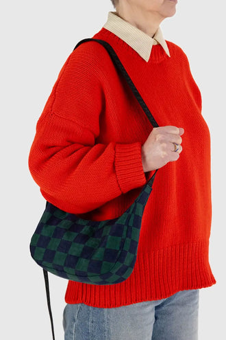 Baggu Small Nylon Crescent Bag - Navy Green Check