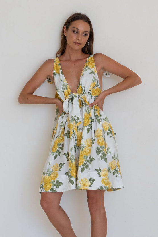 Caitlin Crisp Mini Tie Back Dress - Yellow Liberty Floral