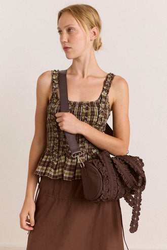 Damson Madder Waverly Mini Ruffle Barrel Bag - Chocolate