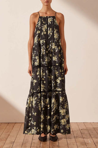 Shona Joy Goldie Linen Pin Tuck Maxi - Black/Multi