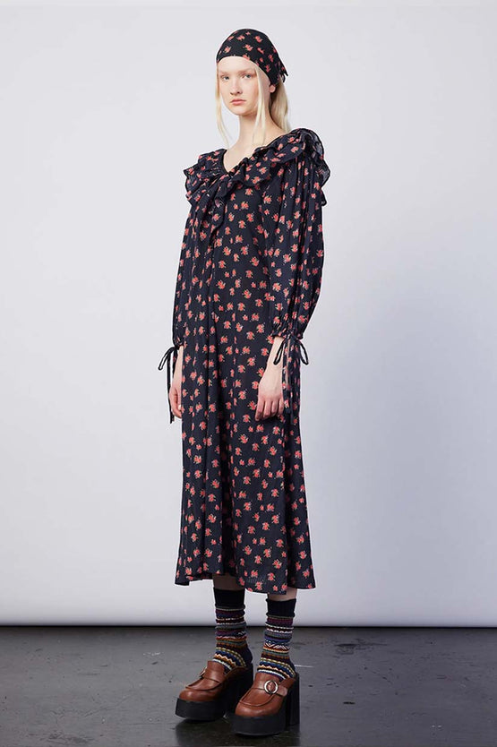 Damson Madder Barbs Roses Ruffle Dress - Black